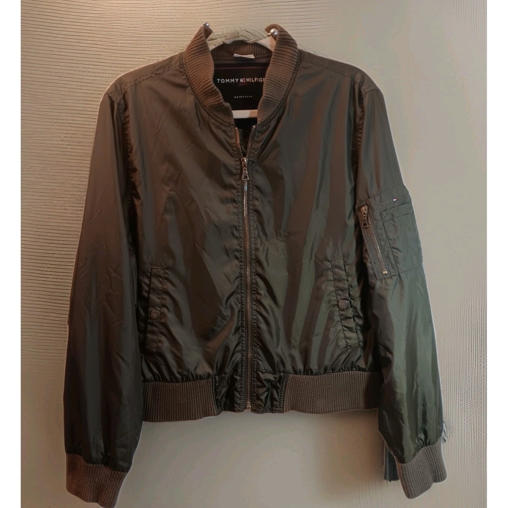 Tommy Hilfiger Olive Green Bomber Jacket Vintage, Junior Size XL Lightweight